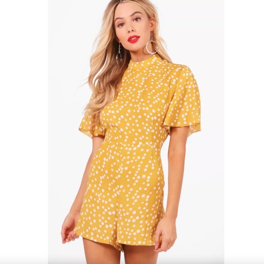 Boohoo Polka Dot Flutter Sleeve Yellow Romper